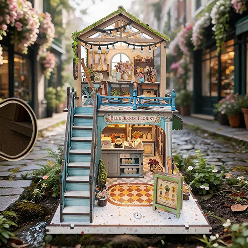 DIY Wooden Miniature Model Kits Ivy Street Flower Shop Cottage 3D Puzzle Dollhouse With Furniture for Friends Birthday Gifts