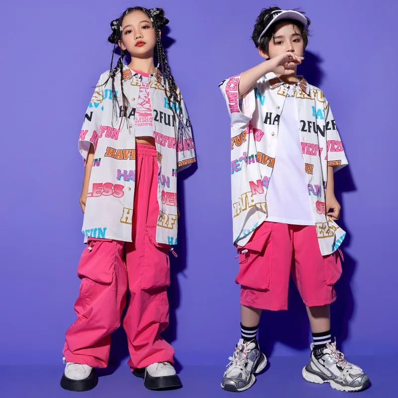 Kid Kpop Hip Hop Clothing Letter Print Shirt Casual Drawstring Pocket Cargo Pants Shorts for Girl Boy Jazz Dance Costume Clothes