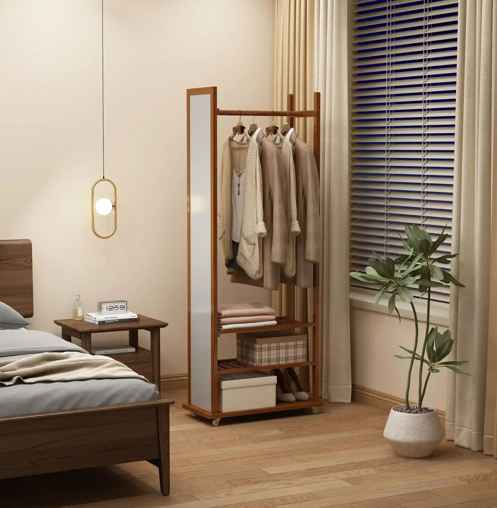 

Solid wood clothes hanger mirror integrated floor-to-floor bedroom multifunctional living room rack rotating full-length mirror