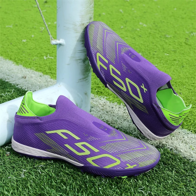 Laceless TF Turf Soccer Cleats, Slip On Lightweight Knitted Football Boots, Non-Slip Cushioned Sports Shoes for Youth Adults Tra