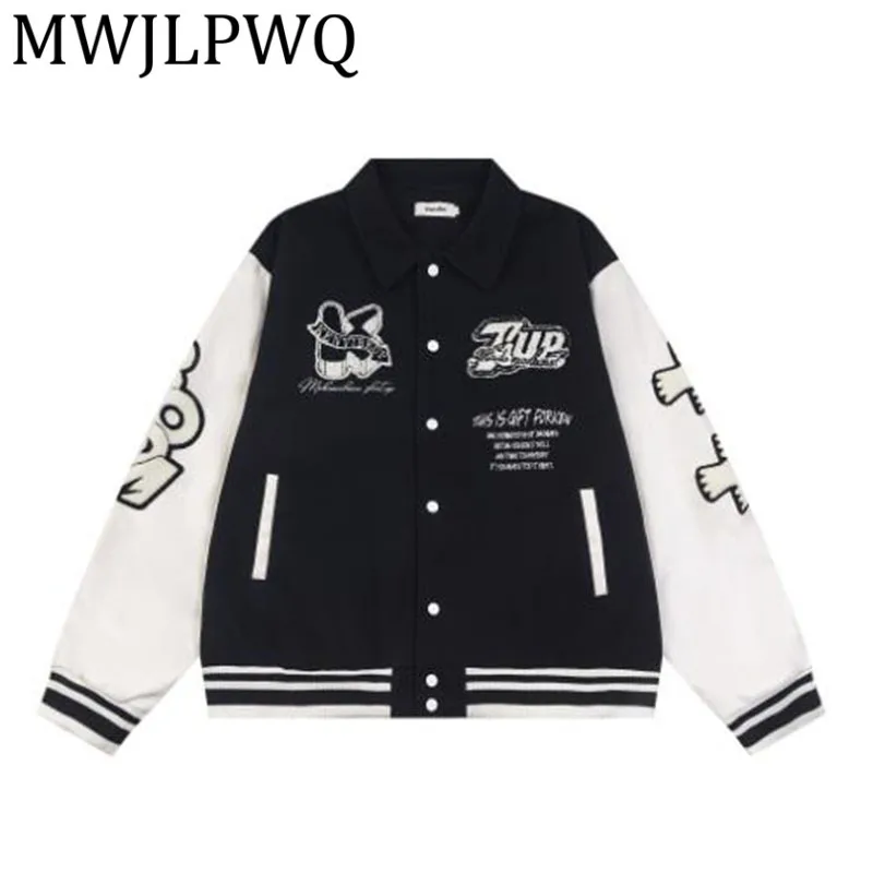 

MWJLPWQ American Style Casual Color Block Baseball Jacket Men's Loose Turn-Down Collar Couple High Street Hamdsome Tops 12477