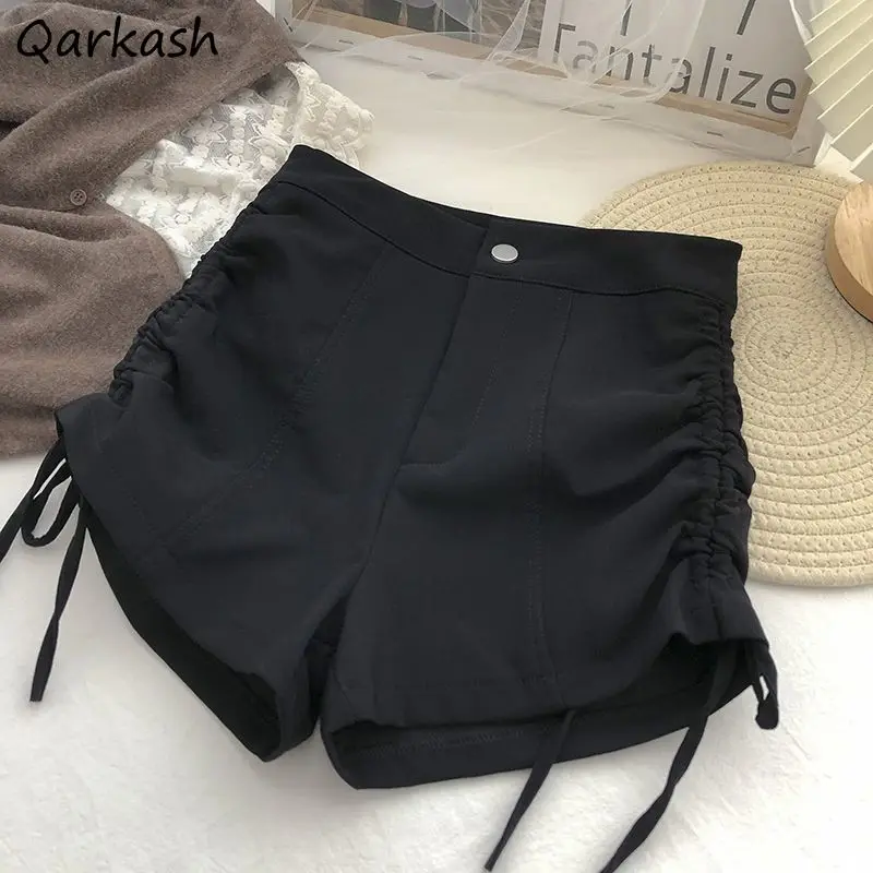 Black Shorts Women A-line Shirring High Waist Summer Lace-up Korean Fashion Simple Hotsweet Streetwear BF Leisure Stylish 5XL