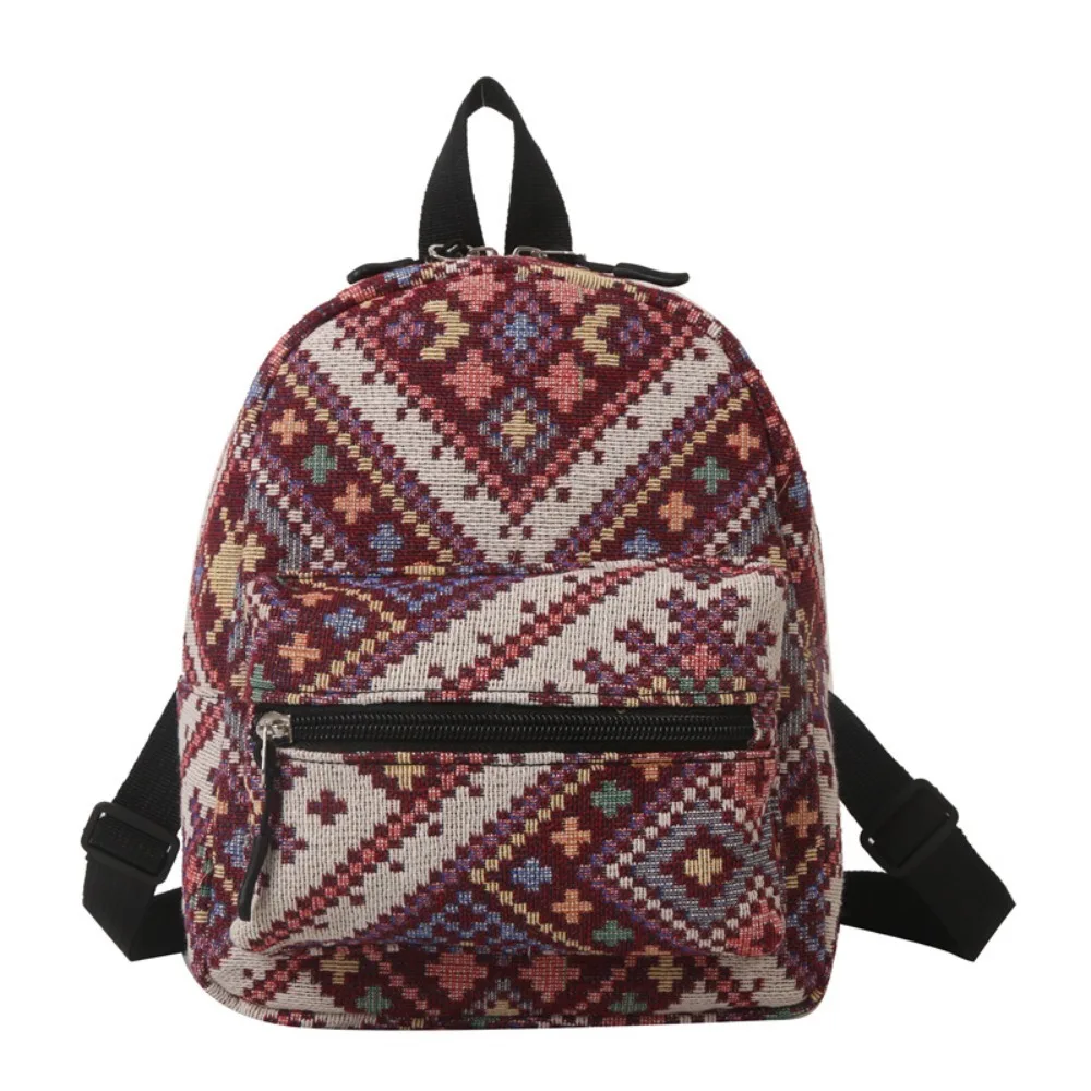 Portable High-capacity Female Backpack Adjustable Ethnic Style School Backpack Mini Zipper Shoulder Bag Adult