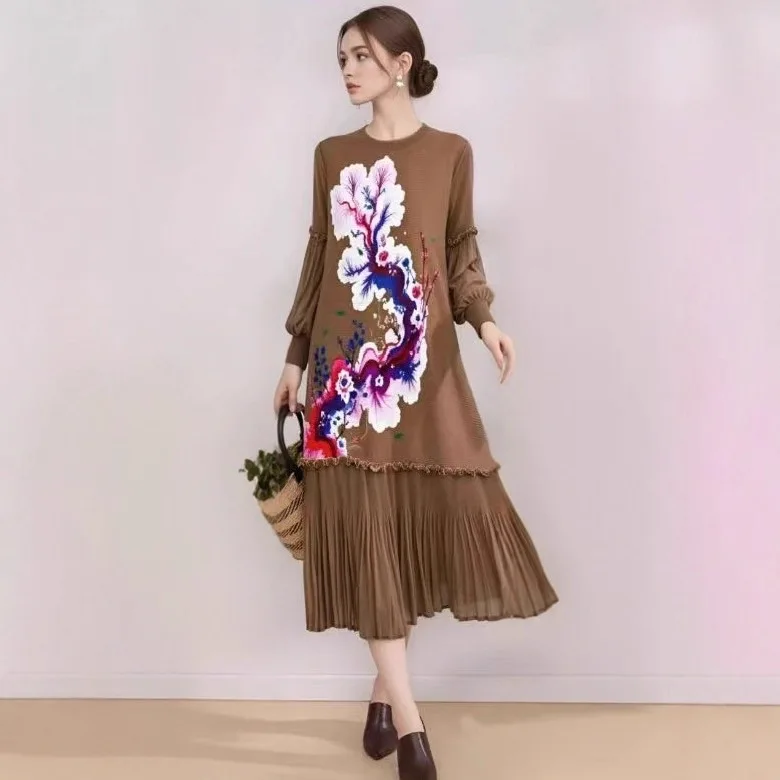 

Плиссированное платье Miyake, женское платье 2025 года, новая мода, с принтом, круглым вырезом, рукавами-фонариками, свободная элегантная плиссированная юбка, одежда