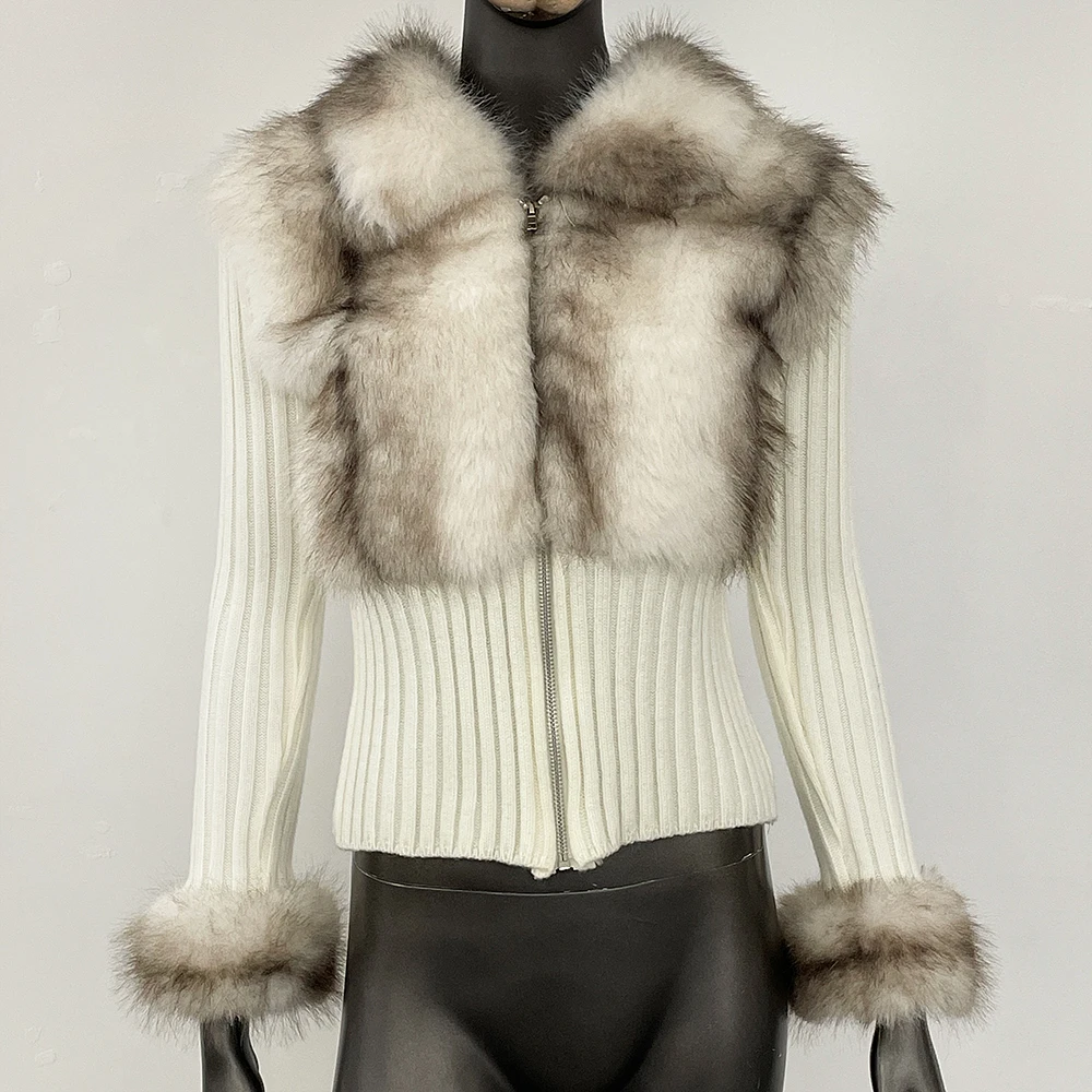 

FURYOURSELF Knitted Sweater Women Spring Long Sleeve Cuddly Faux Fur Sweater Crop Cardigan Full Zip Aesthetic Vintage Knitwear