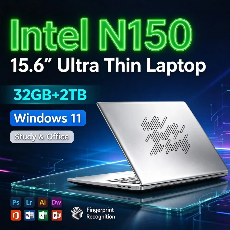 New 15.6'' Inch Slim FHD PC Intel N150 32GB RAM Optional 1TB/2TB SSD Windows11 Notebook Laptop For Home Office Student Learning