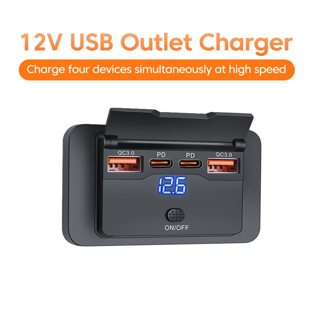 4 Port PD QC3.0 Car USB Charger Socket 12V 24V Digital Voltmeter Fast Charging Power Outlet with Switch for Vehicle RV Boat