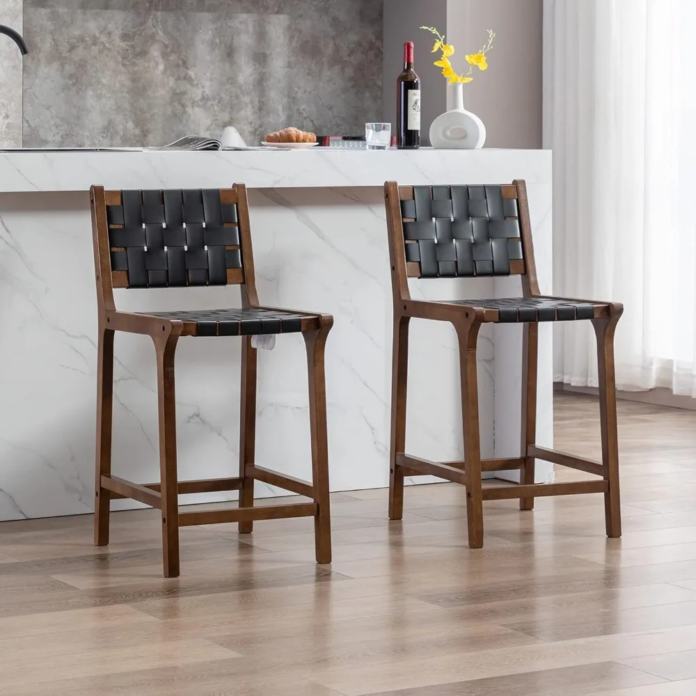 

Counter Stools Set of 2 Modern 23.5" Counter Height Barstool with PU Leather Woven Strap Seat & Open Back Walnut Wood Color Chai