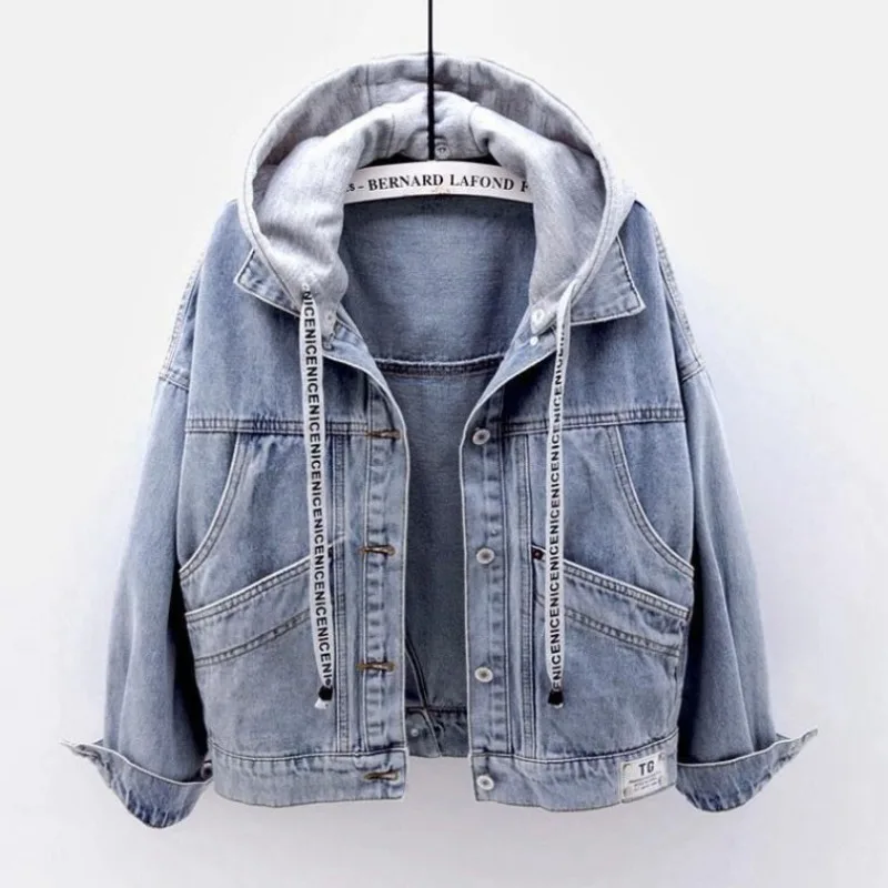 All Season Women Cowboy Coats Jackets New Hooded Short Style Fashionable Large Pocket Jacket Casual Women's Clothing Baby Blue