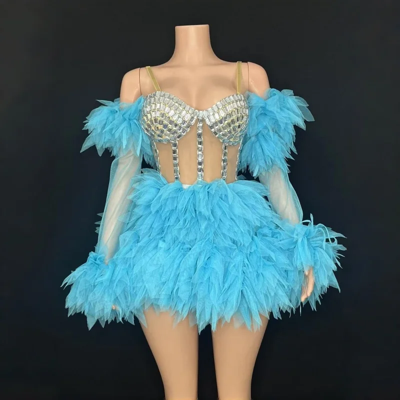 Customized Valentine's Day Powder Puff Saree Evening Gowns Diamond Dresses Female Singers & Dance Team Performance Stage Costume