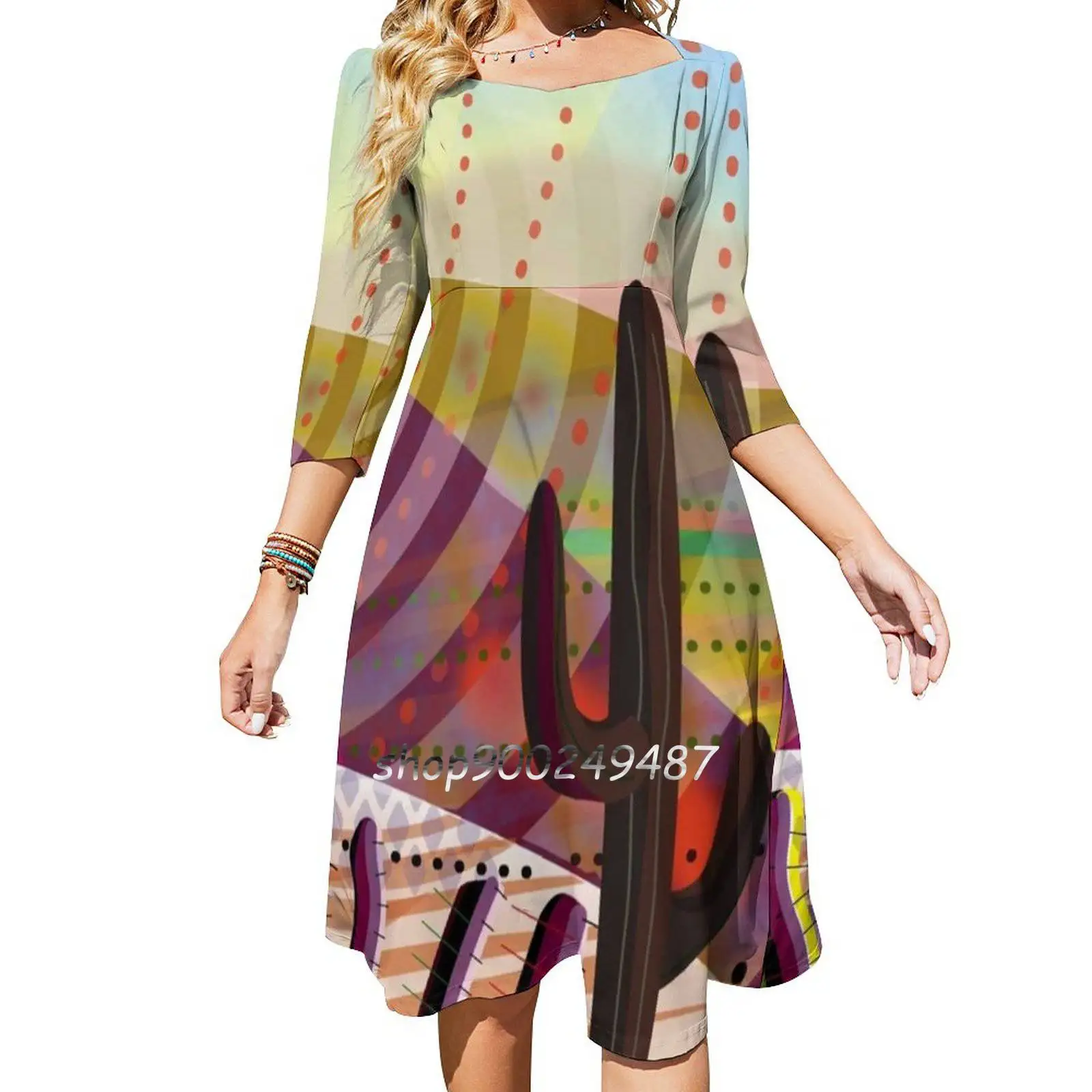 Desert Eye Square Neck Dress Cute Loose Print Dresses Elegant Beach Party Dress Desert Flowers Cactus Day Dawn Light Sunset Sun