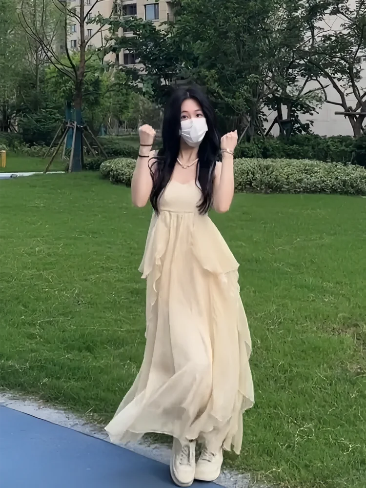 

Нежное платье-фея с кружевным подолом, летняя новинка, одежда для путешествий, длинное платье для отпуска на пляже Санья, корейский стиль