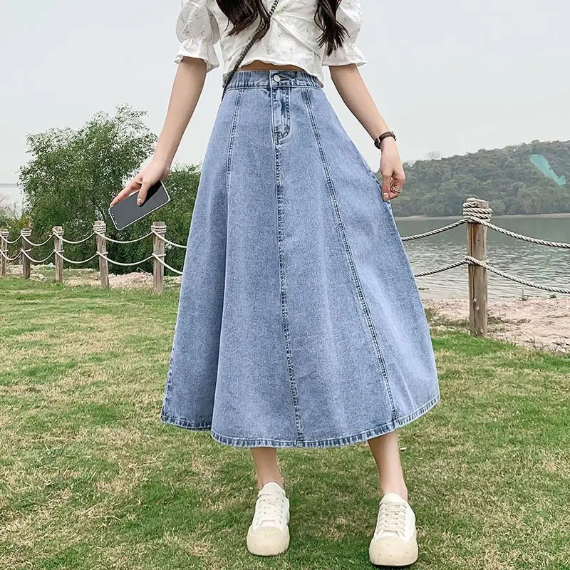 ​Women's Denim Skirt Spring Summer New Arrival Elastic Waist Umbrella Skirt High Waist Slimming A Line Mid Length Stylish​