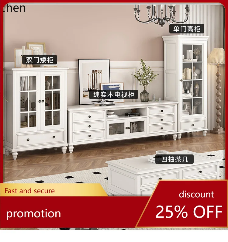 

YFY Pure Solid Wood Ivory White Round Combination Coffee Table Living Room Coffee Desk