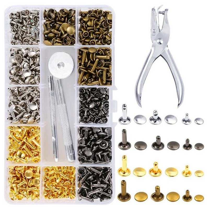 360 Sets Double Cap Rivet Leather Studs With Punching Plier For Leather Craft Repairs Decoration, 3 Sizes And 4 Colors