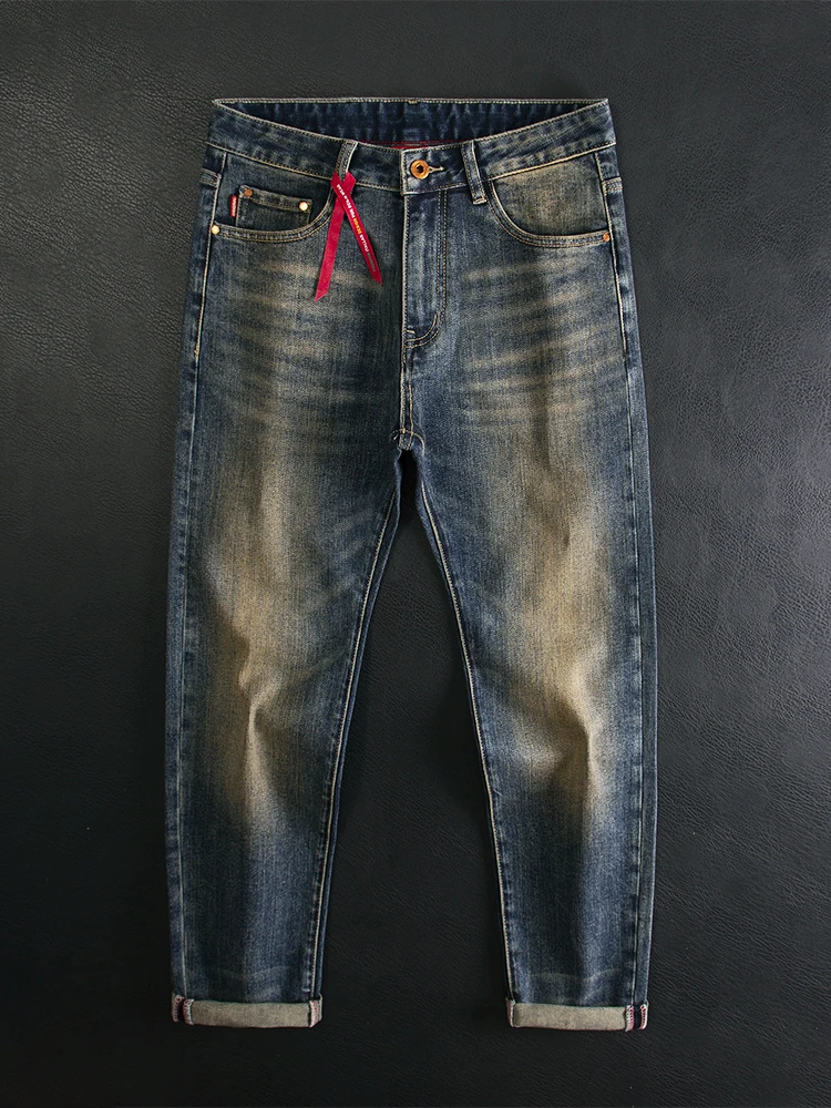 

Высококачественные облегающие прямые эластичные мужские джинсы в стиле ретро в американском стиле, модный бренд, молодежная смесь хлопка и полиэстера