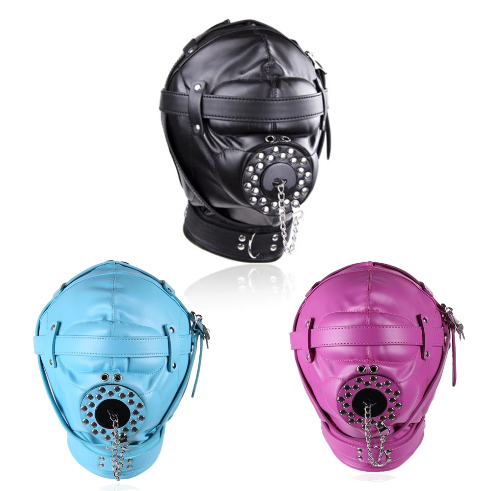 BDSM Bondage Headgear PU Leather Lockable Hood Mask with Openable Mouth Gag Funnel Sensory Deprivation Head Hood Sex Toy