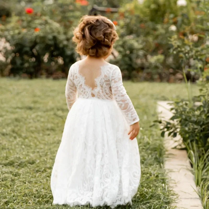 Elfenbein Spitze Blumen mädchen Kleid A-Linie v zurück lange Ärmel Baby Mädchen Prinzessin Hochzeit Geburtstags feier Erstkommunion Kleid