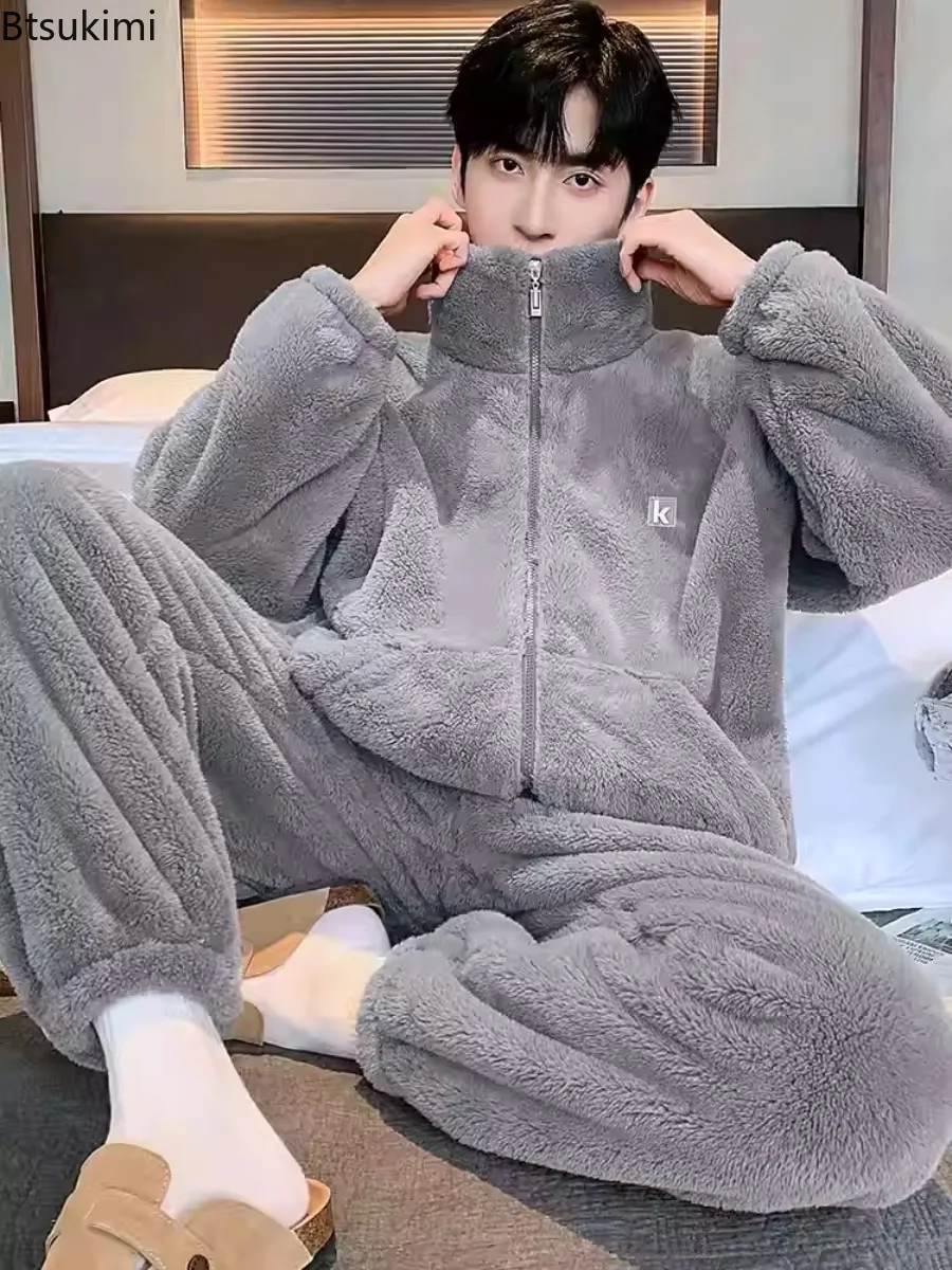 High Quality Men's Pajamas Sets Winter Thickened Warm Zipper Long Sleeve Tops+Pants Nightwear 2-pieces Man Lounge Home Sleepwear