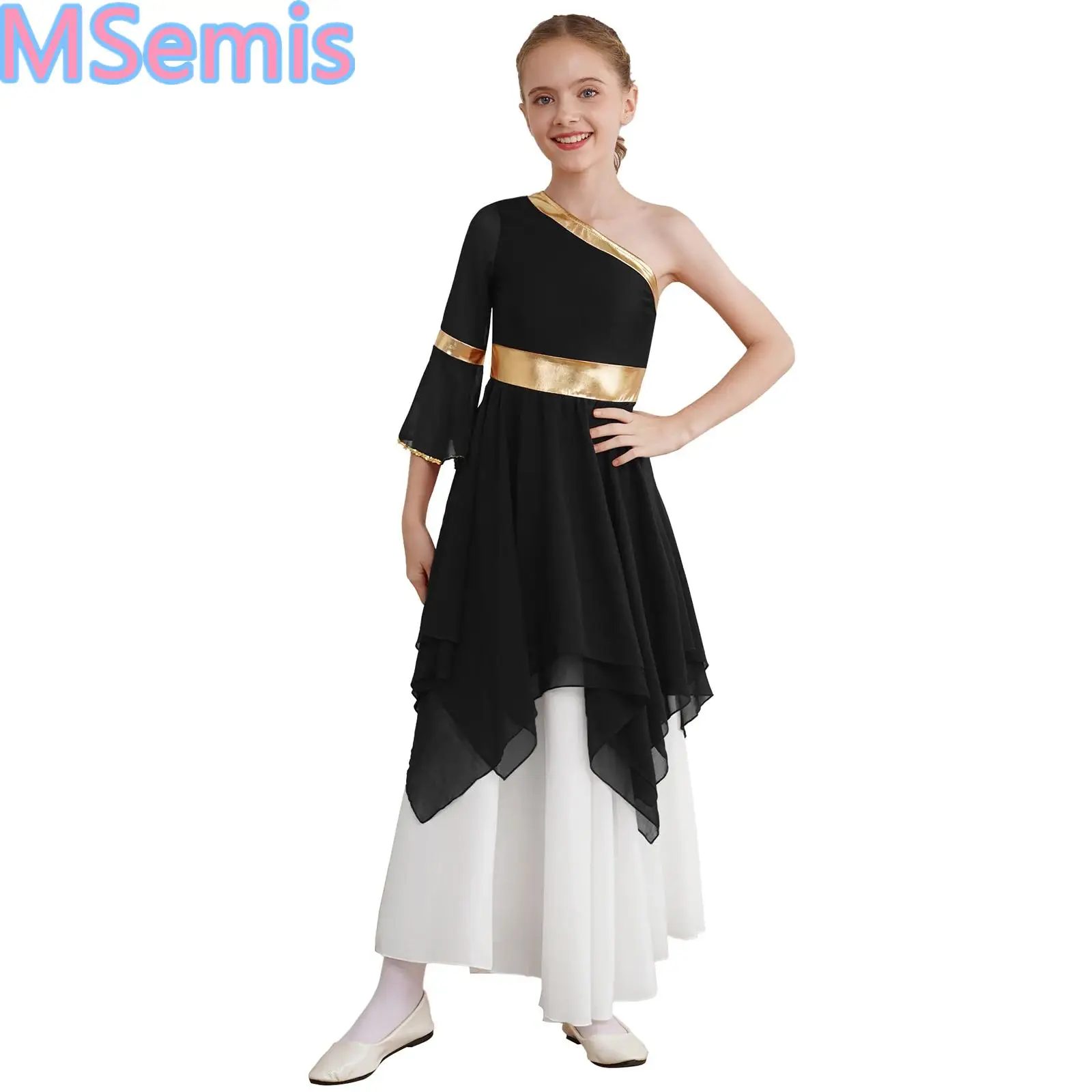 

Kids Girls Flare Sleeve Praise Dress One Shoulder Metallic Color Block Patchwork Irregular Hem Dance Dresses Stage Performance