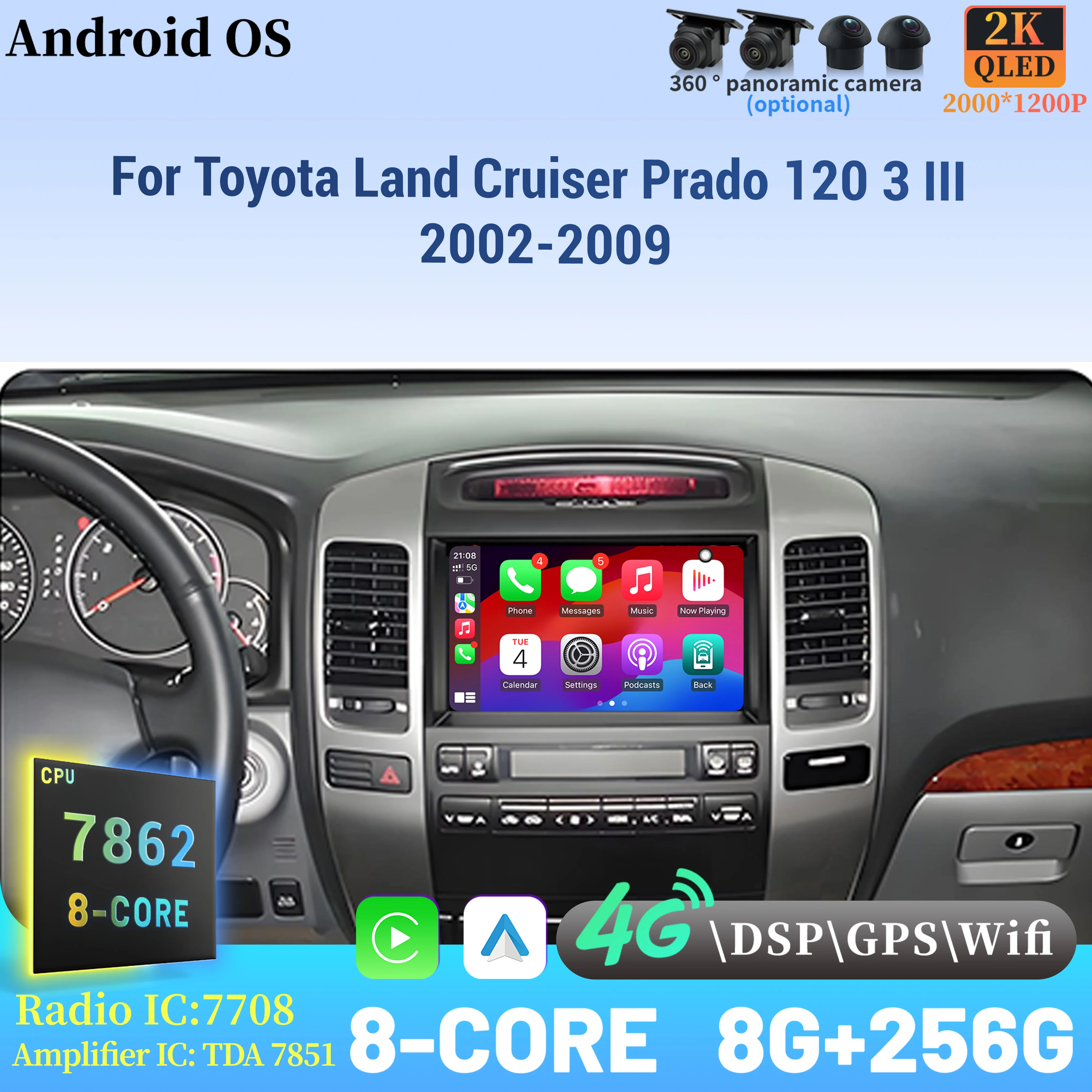 

Car Radio Android 14 For Toyota Land Cruiser Prado 120 3 III 2002-2009 Navigation Multimedia Wireless BT Carplay Touch 2K Screen