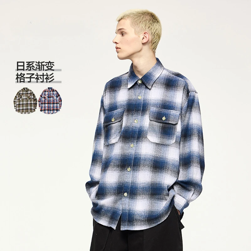 Male and Female 2024 Autumn/winter New Japanese Gradient Checkered Shirt Classic Retro Commuting Loose Pure Cotton Pocket Top