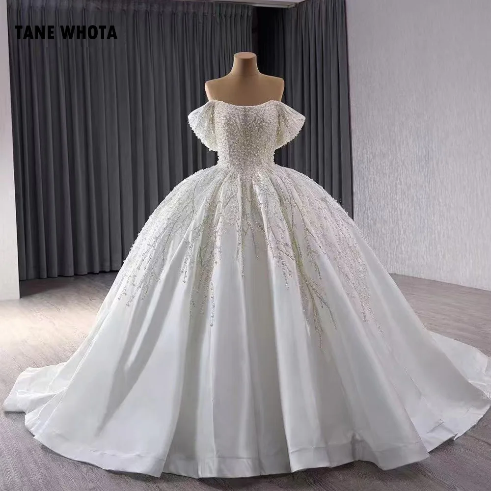Luxurious Strapless Off Shoulder Lace Up Back Wedding Dress Sequined Beading Customized Vestido De Novia Para Boda