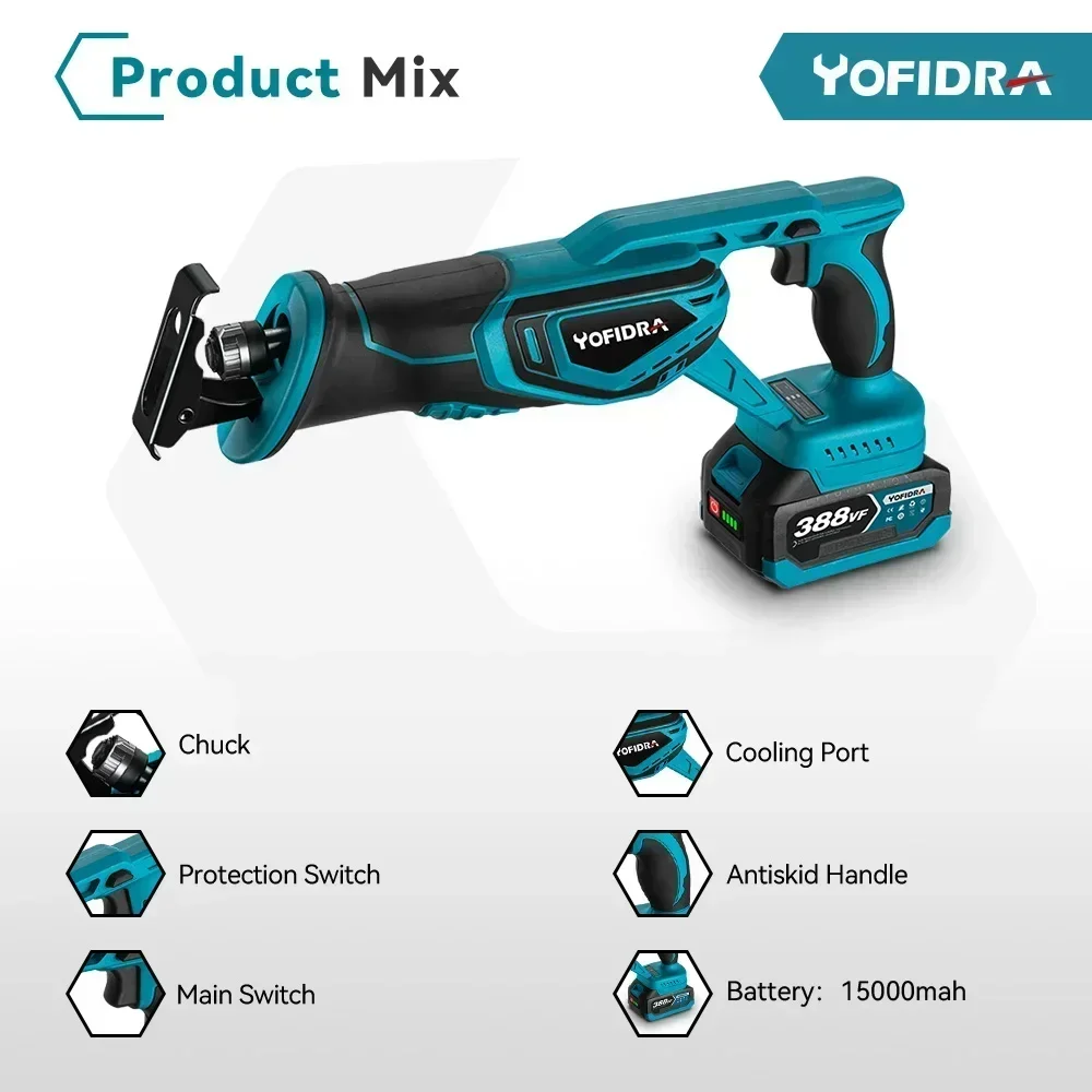 Yofidra 18V Brushless Reciprocating Saw Handsaw Saber Multifunction Electric Saws for Metal Wood Pipe Cutting For Makita battery