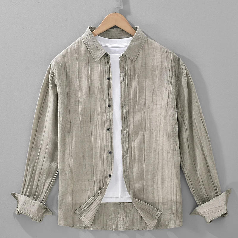 2026 Spring Summer New Vintage Ramie Lyocell Pleated Long Sleeve Shirt for Men Clothing Turn-down Collar Versatile Streetwear