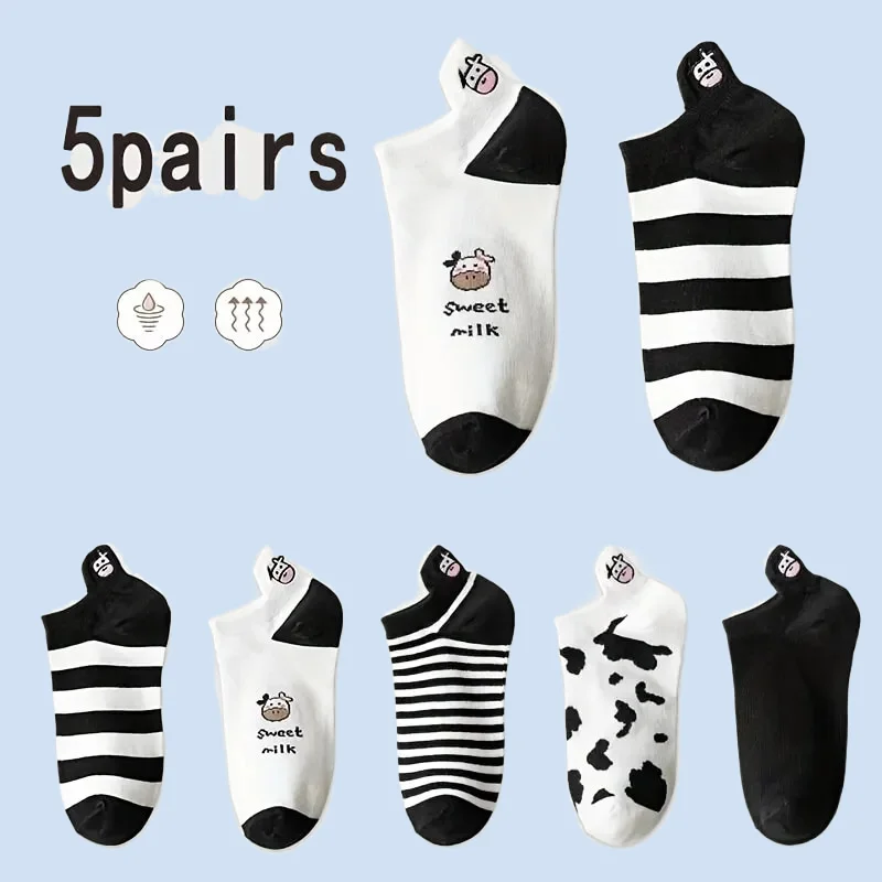 5/10 Pairs Creative Printing Socks Ankle Sock Lovely Cow Pattern Short Socks Casual Outdoor Indoor Cotton Socks Womens Socks