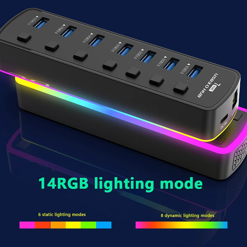 RGB USB 3.0 Hub 7 Ports Data Port Adapter 5Gbps High Speed Individual On/Off Switch Splitter USB Extension Docking Station