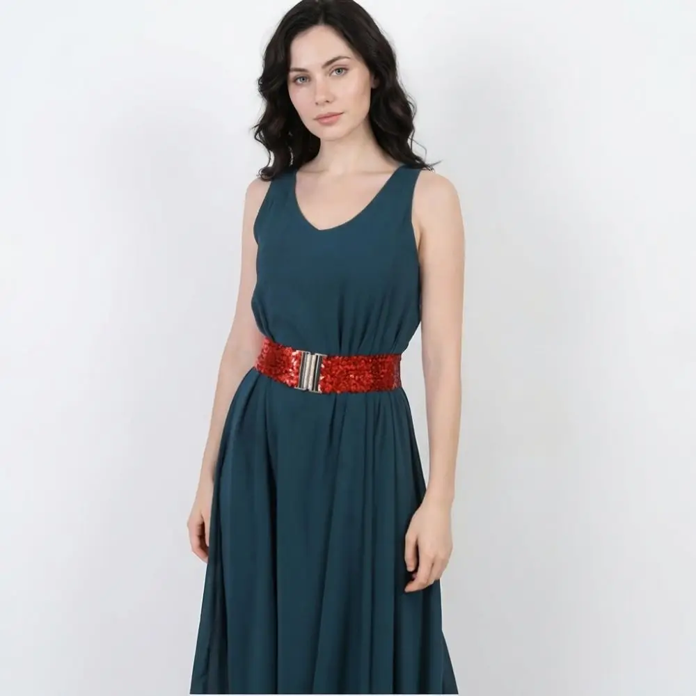60cm Elastic Sequin Stretch Belt Eye Catching Versatile Shinny Waistband Gold Buckle Disc Professional Women's Belt Dresses