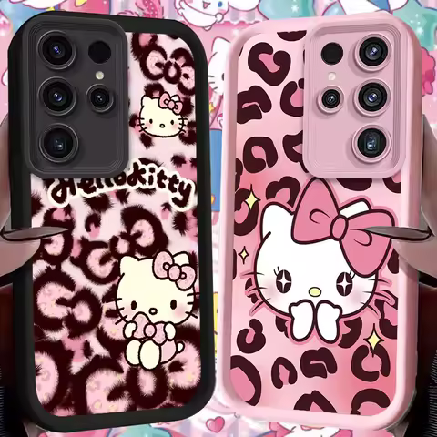 Cute Pink Leopard Print Hello Kitty Case For Samsung Galaxy S24 S25 S23 Ultra S22 S21 Plus FE A36 A56 A26 A16 A06 A25 A35 A55 5G