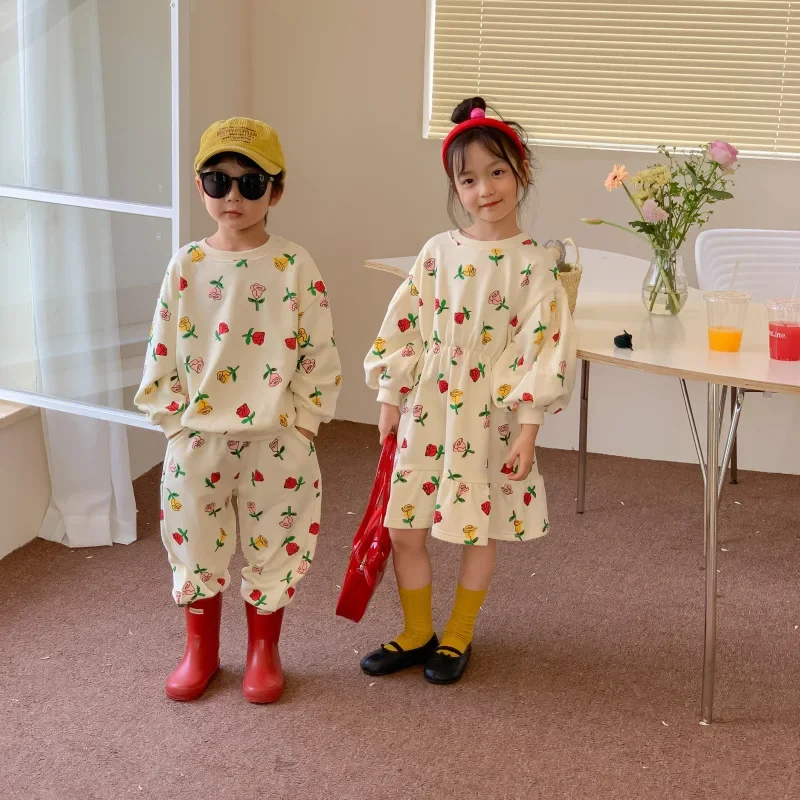 

Autumn Children Siblings Attire Autumn Floral Print Baby Boy Sweatshirt+sweatpant Suits Long Sleeve Strench Waist Kid Girl Dress