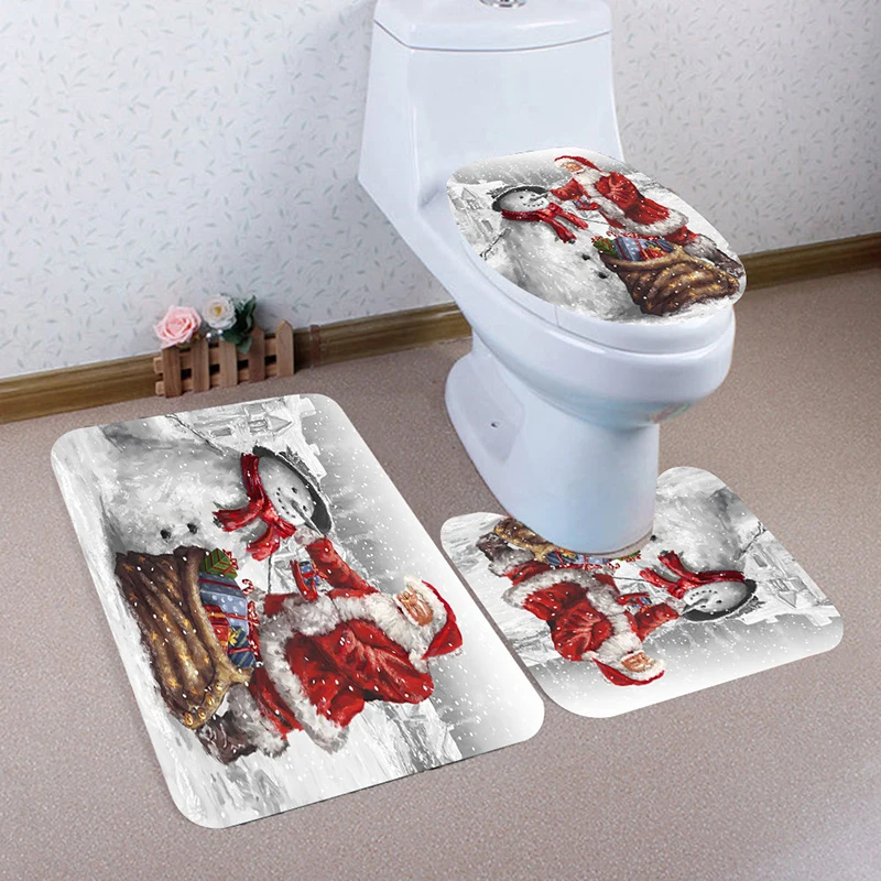 3 Pcs/set Bathroom Non-slip Mat Christmas Santa Claus And Snowman Toilet Seat Cover And Rug New Year Decorations Home Floor Mat