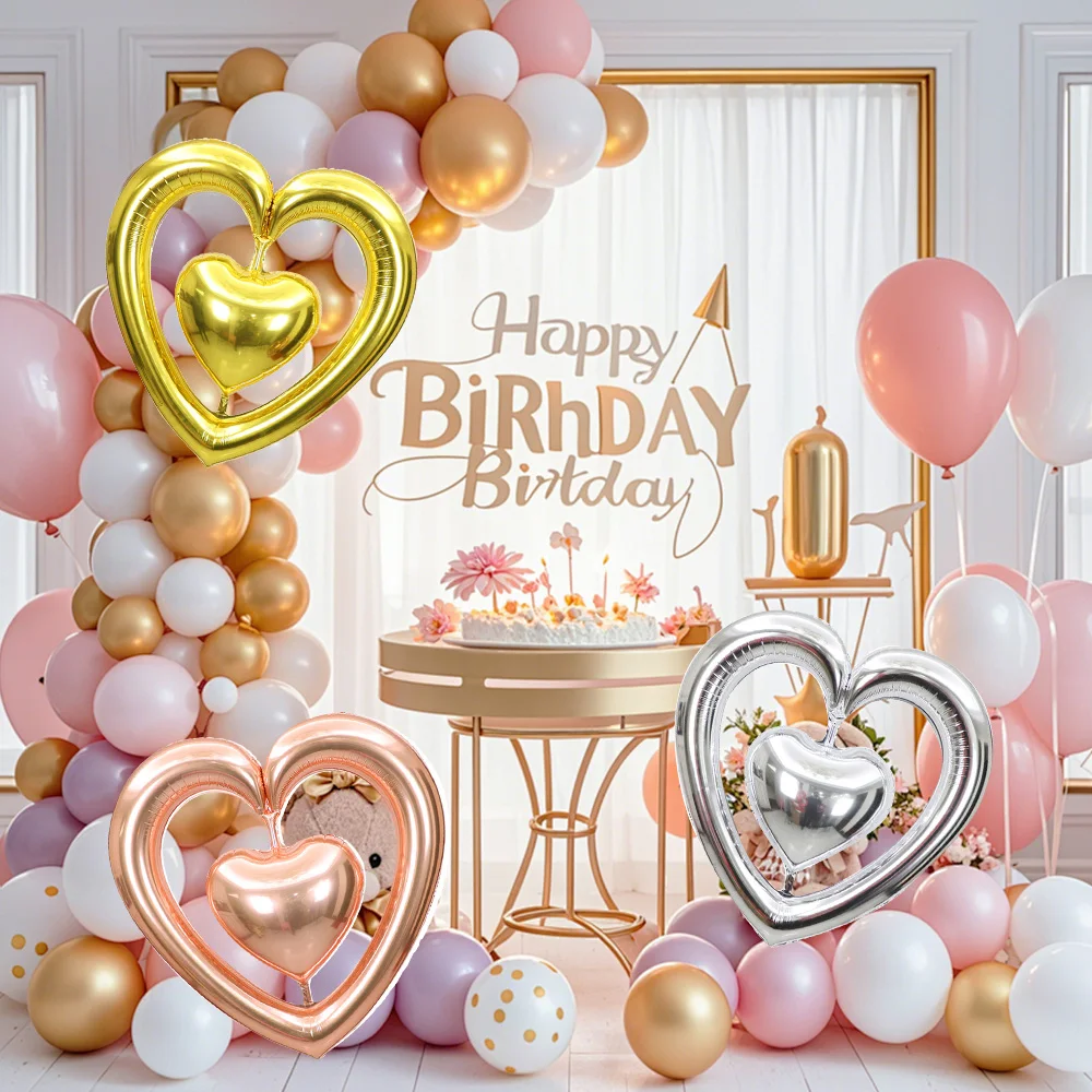 

Happy Birthday Double Heart Foil Balloons for Anniversary Wedding Engagement Birthday Party Valentine’s Day Background Decor