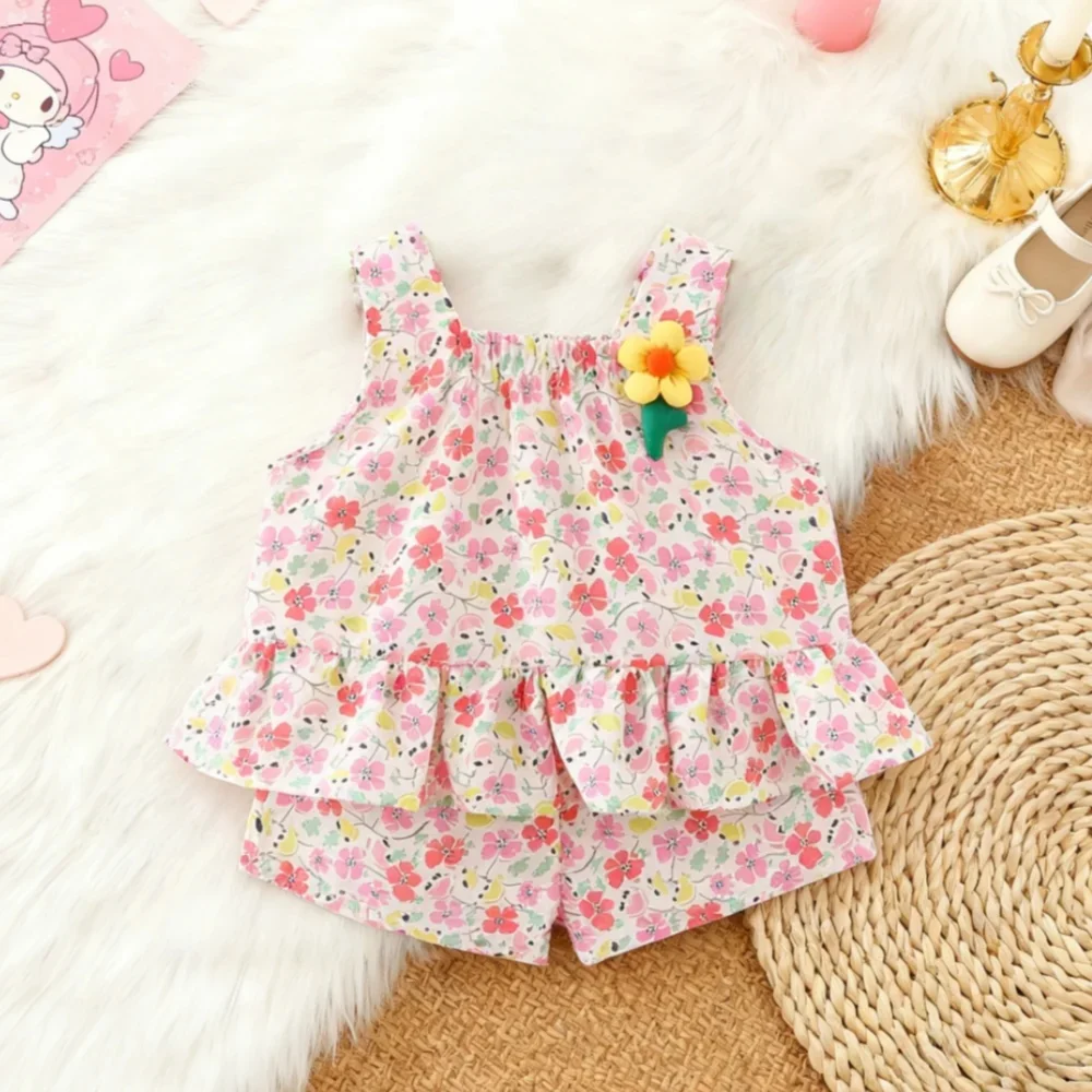 Summer Children's Top And Bottom Clothes Set Fashion Sweet Lovely Floral Shirred Ruffles Vest with Soft Casual Baby Girl Shorts