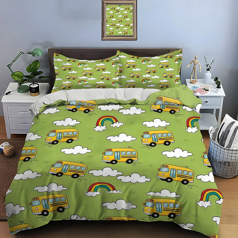 Yellow school buses clouds rainbows Print Bedding Set 1 Duvet Cover 2 Pillowcases for Adult and Children Luxury Gift Full Size