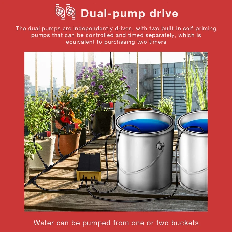 Solar Power Digital Double Pump Timers Automatic Drip Irrigation System Built-In Lithium Battery Rain Sensing Plastic Garden