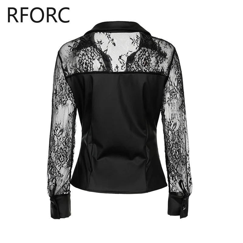 2024 Women Solid Lace Patchwork Pu Leather Turn Down Neck Black Blouse Top