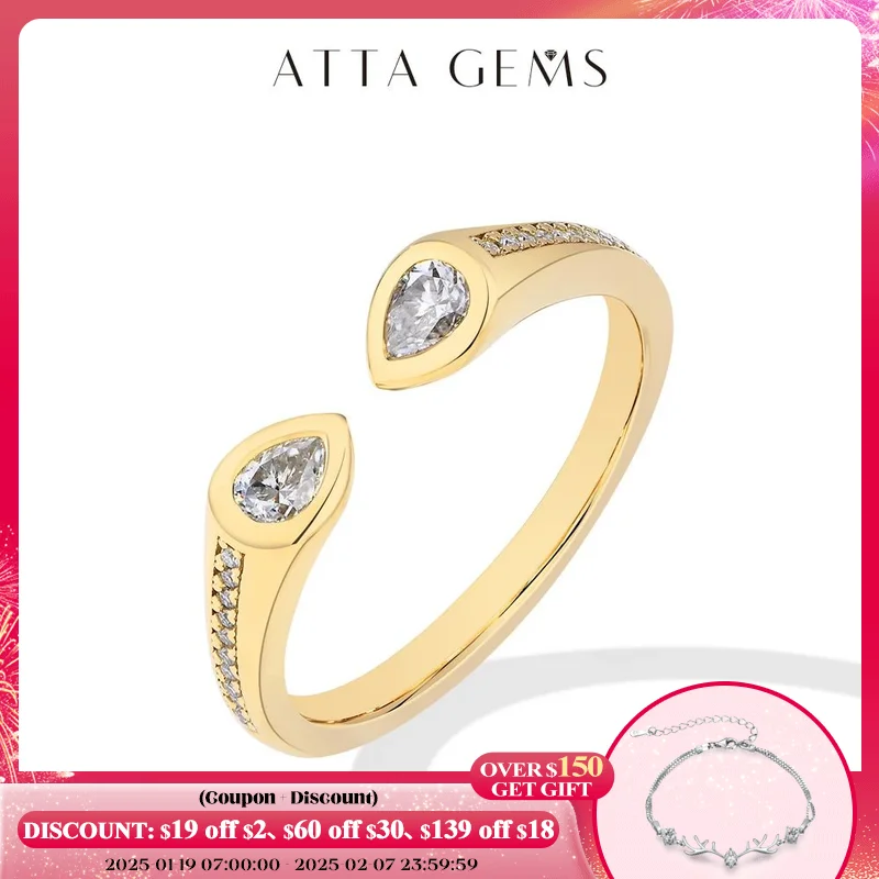 ATTAGEMS 0.67CT Pear Cut Moissanite Wedding Ring D VVS1 Color S925 Sterling Silver Solid 14K 18K Gold Adjustable Rings For Women