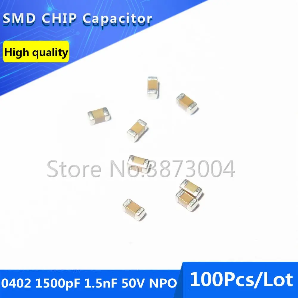 

100pcs 0402 1500pF 1.5nF 50V NPO 5% Thick Film Chip Multilayer Ceramic Capacitor