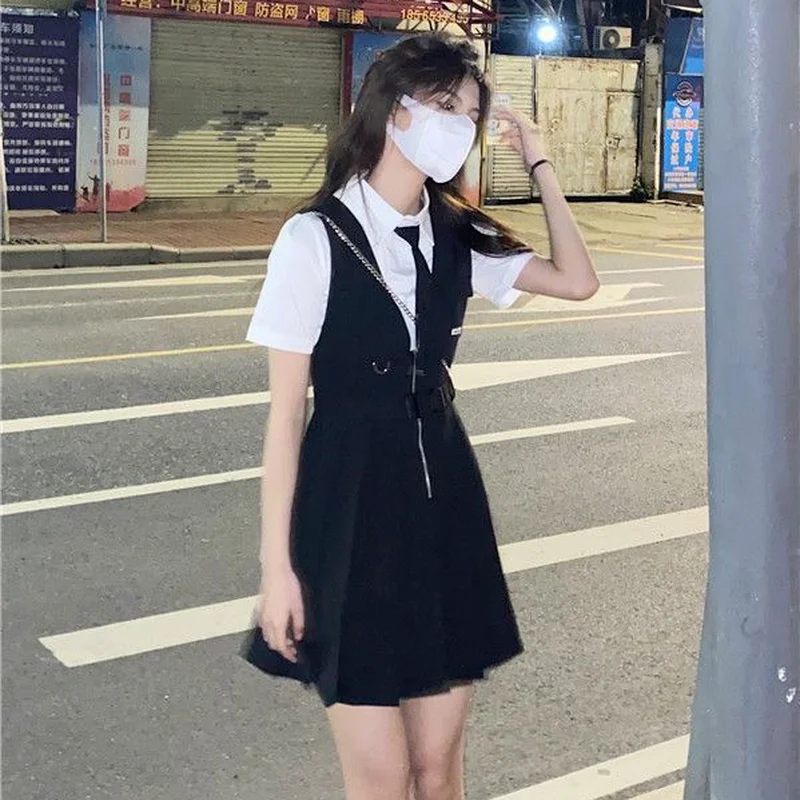 Komplety damskie Casual Short Sleeve Newly Summer Shirt with Tie and Black Slim Sleeveless Pleated Mini Vestidos Harajuku Chic Outfits