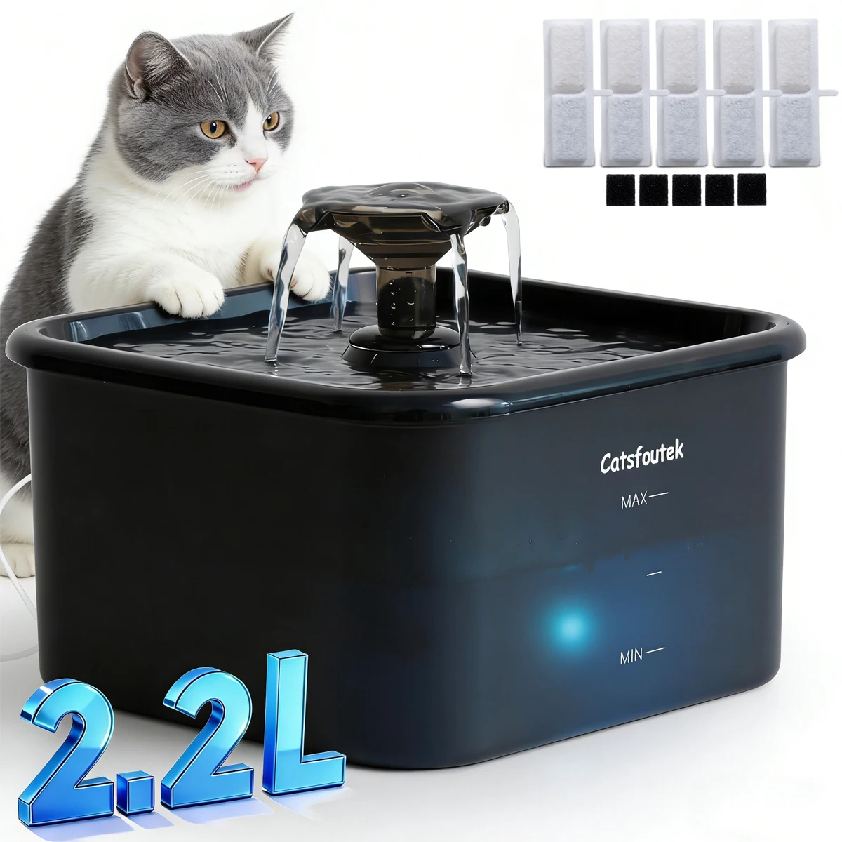 2.2l/74oz Cat Water Dispenser with Filter Element, Ultra-Quiet Pet Fountain, Blue Light Reminder, Four-Layer Filtration System