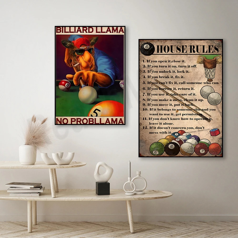 8 House Rules, Pool Table Knowledge Poster, Llama Playing Pool Art, Pool Llama No Probllama Poster, Game Room Wall Decor Gift