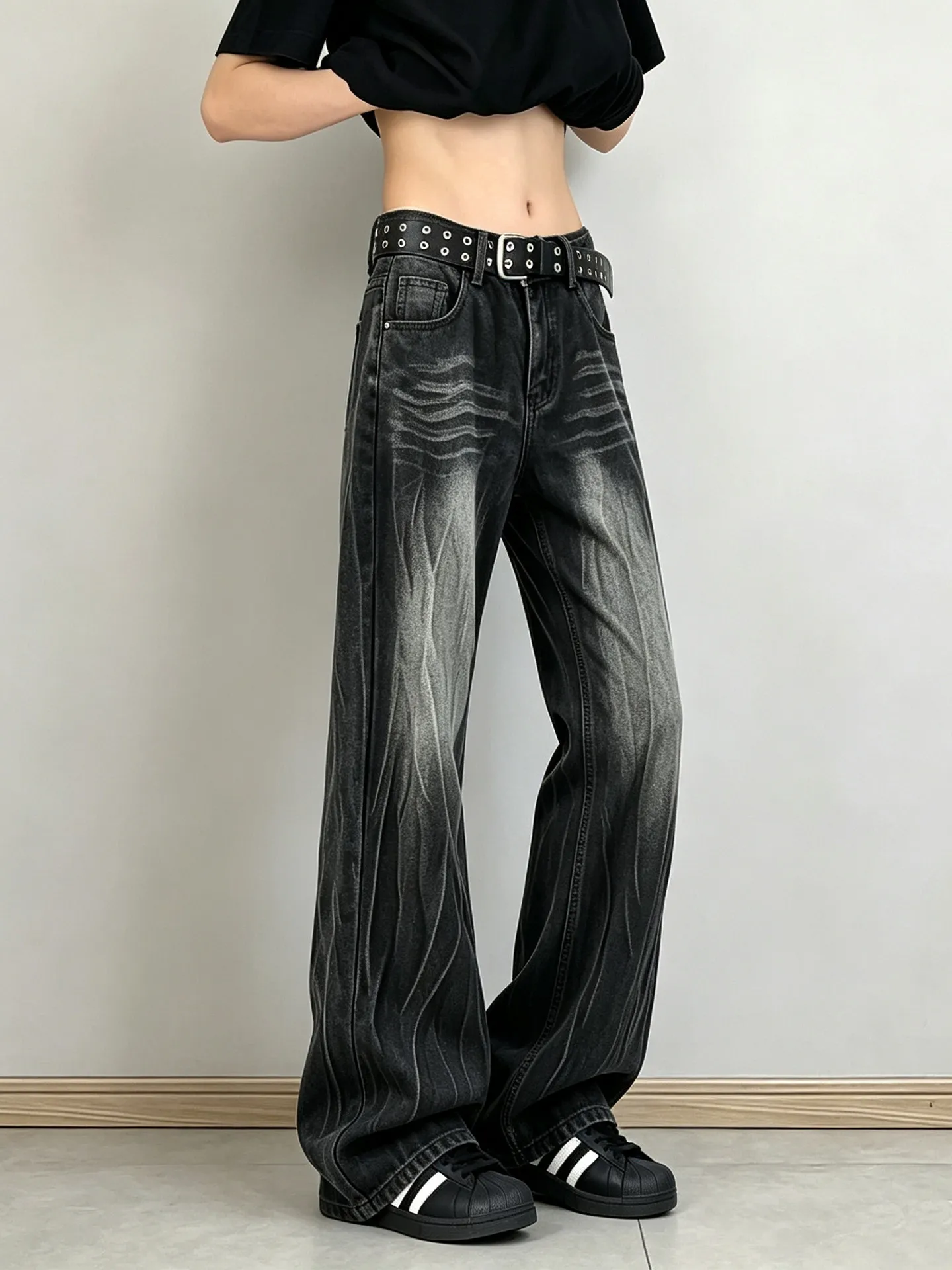 Cleanfit Black Lightning Pattern Flared Jeans Men's American High Street Design Straight Leg Slimming Knife Pants