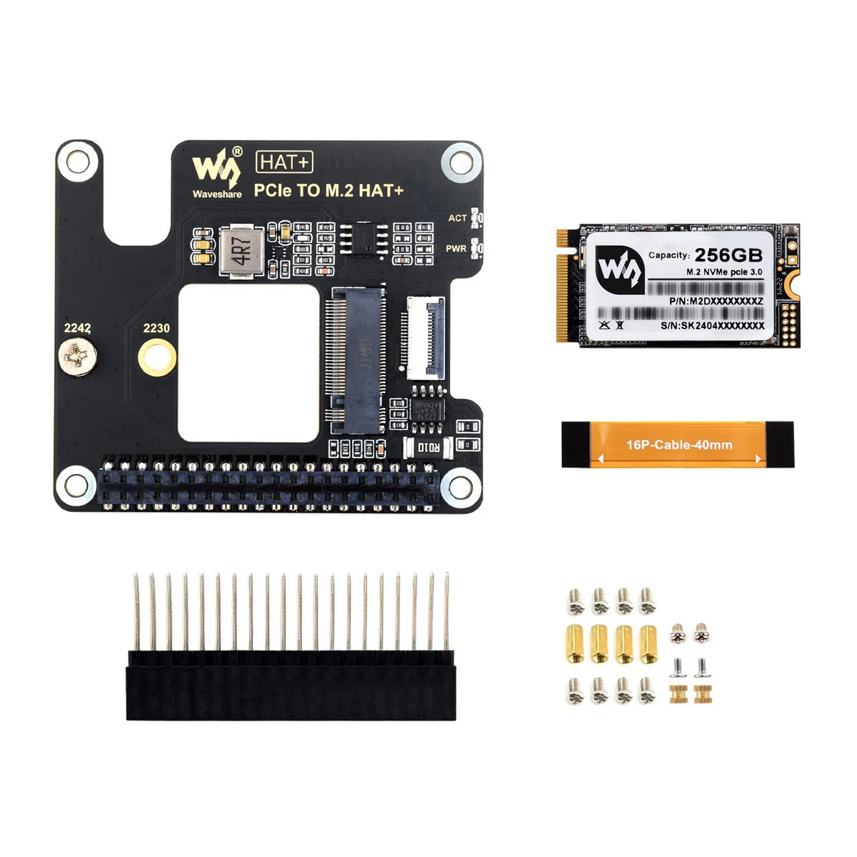 Waveshare PCIe To M.2 Adapter for Raspberry Pi 5, Supports NVMe Protocol M.2 Solid State Drive, Options for 128GB/256GB SSD