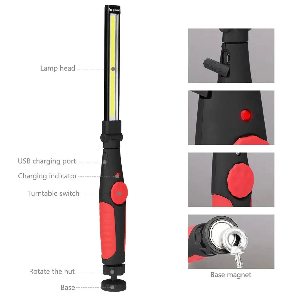 COB LED Work Lights Folding Flashlight with Magnetic Base Rechargeable Strip Lamp Bright Inspection Light for Car Repair