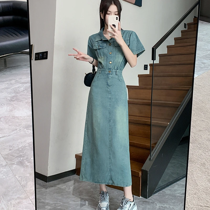 Retro lapel washed denim dress female short-sleeved summer 2024 new temperament waist thin open fork long skirt