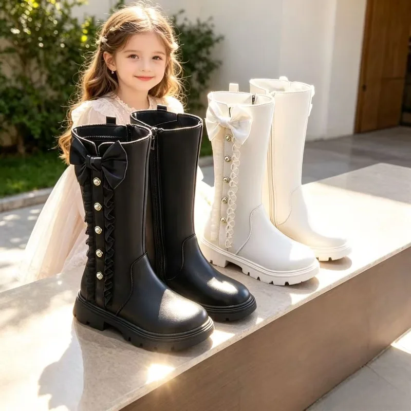 Girls' Long Boot 2026 Autumn New Fashion Girls' Boot Bow Girls' Shoes Simple Women's Snow Boots Lace Children's Autumn Boots
